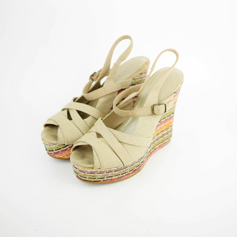 BAKERS Tan beige fabric woven wedges sandal heel